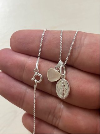 Collar Virgen Milagrosa Y Corazón Nácar Plata 925