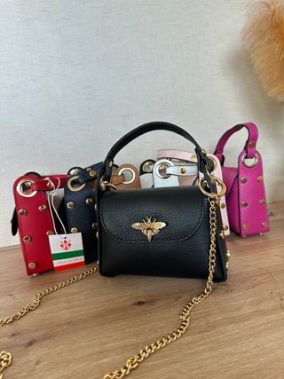 Bolso Cuero Italiano Negro Abeja Dorado