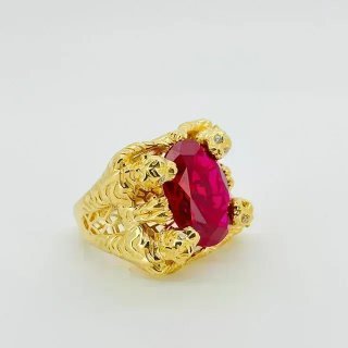 SELLO 4 PANTERAS CON PIEDRA OVALADA ROJA. Oro18K.