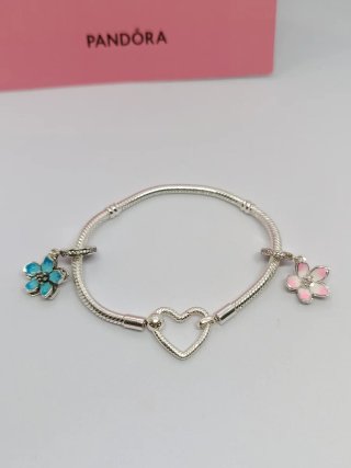 Pulsera Pandora Corazón con Flores Azul y Rosa