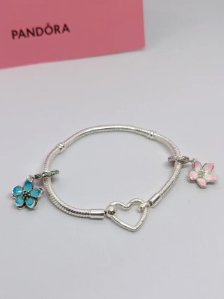 Pulsera Pandora Corazón con Flores Azul y Rosa