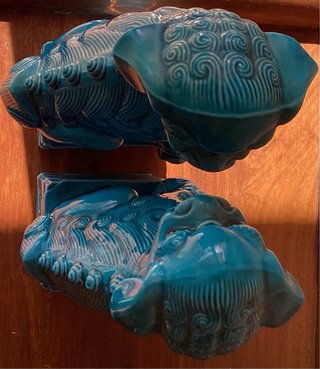 Coppia di Leoni Foo Blu in Ceramica