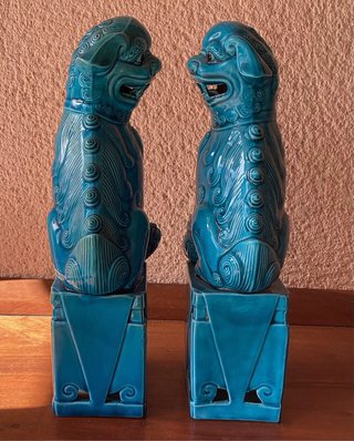 Coppia di Leoni Foo Blu in Ceramica