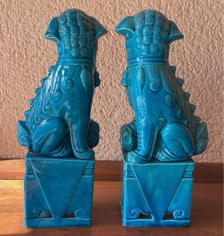 Coppia di Leoni Foo Blu in Ceramica