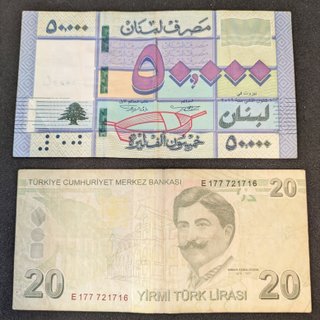 Lote Billetes Líbano 50000 y Turquía 20