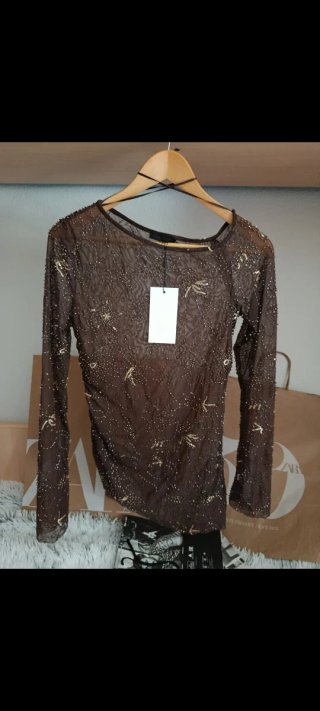 Zara Top Manga Larga XS Dorado Marrón