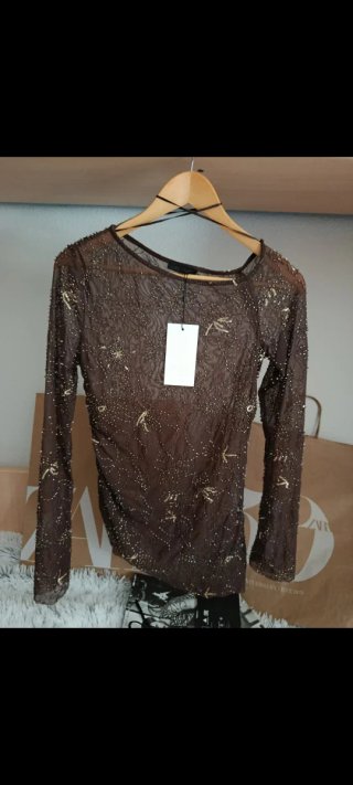 Zara Top Manga Larga XS Dorado Marrón