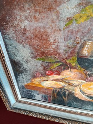 Cuadro Óleo Bodegón Frutas y Vino 50x43