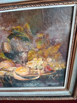 Cuadro Óleo Bodegón Frutas y Vino 50x43