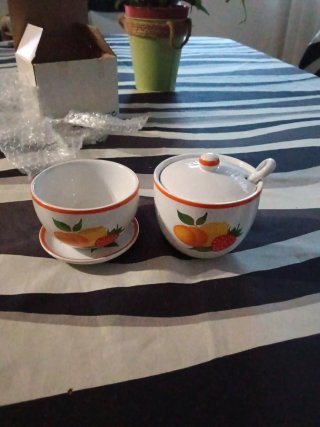 Juego azucarero y taza porcelana