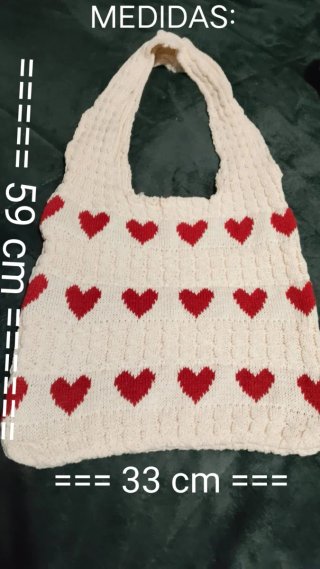 Bolso Crochet Beige Corazones Rojos de buen grosor