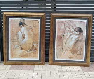 Dos cuadros hombre y mujer desnudos, marco dorado
