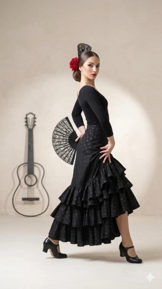 Falda Flamenco Volantes Lunares Negro