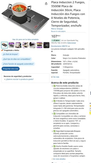 Placa Inducción 2 Fuegos 3500W