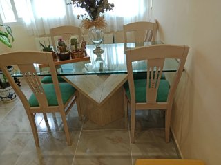 Mesa Comedor Cristal y Base Mármol Beige