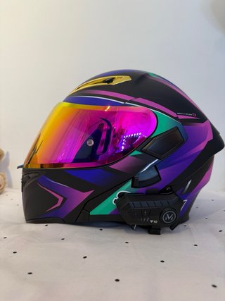 Casco Moto Soman Azul Visera Arcoíris
