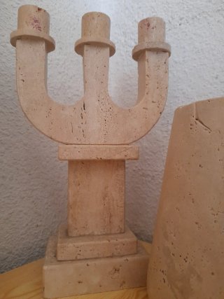 Set Candelabro y Jarrón Travertino Vintage 70s