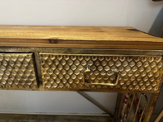Mesa consola rústica madera y oro