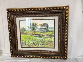 Pareja cuadros paisajes rústicos marcos dorados