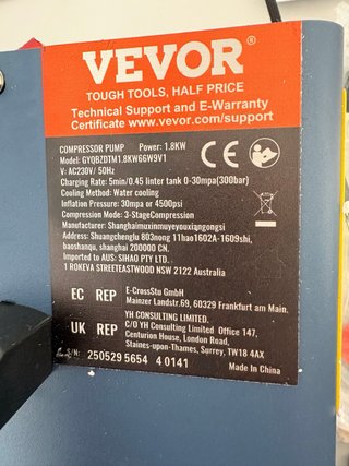Compresor PCP VEVOR 4500 PSI 1.8KW Tanque Buceo