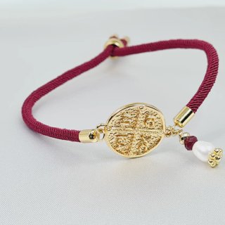 Pulsera cordón burdeos chapado oro y perla