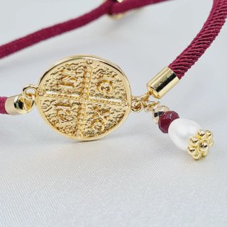 Pulsera cordón burdeos chapado oro y perla