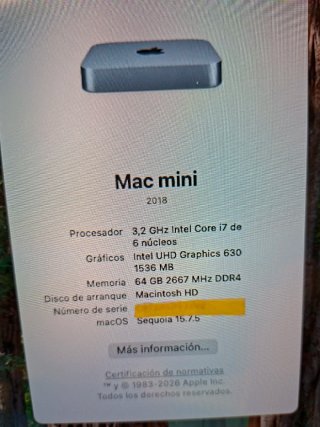 Mac Mini 2018 Gris ESPACIAL INTEL I7  64GB RAM