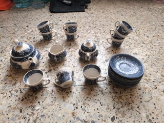 Juego de café vintage azul y blanco