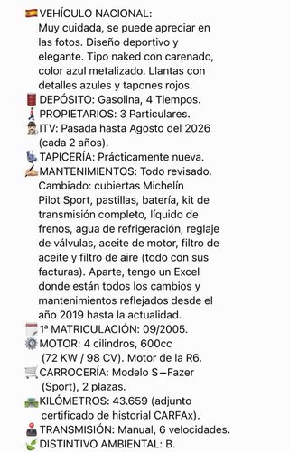 YAMAHA SPORT 600 FZ6-S 98CV (CON EXTRAS + EQUIPO)