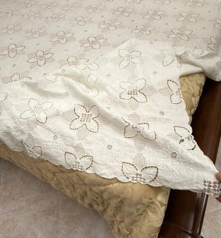 Antica coperta ricamata beige e bianca