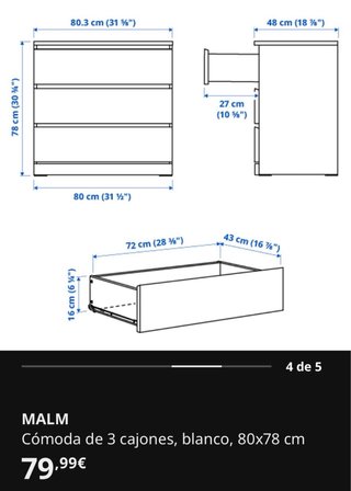 Cómoda 3 cajones MALM Ikea Blanca