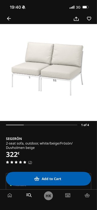 Sofá 2 plazas Ikea Segeron exterior,