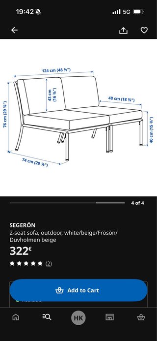 Sofá 2 plazas Ikea Segeron exterior,