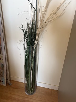 Jarrón alto de cristal con plantas decorativas