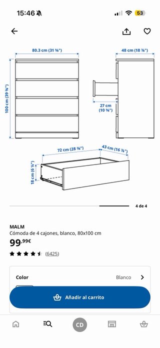Cómoda MALM IKEA 4 cajones ¡como nueva!