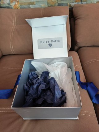 Caja de regalo plateada con lazo azul
