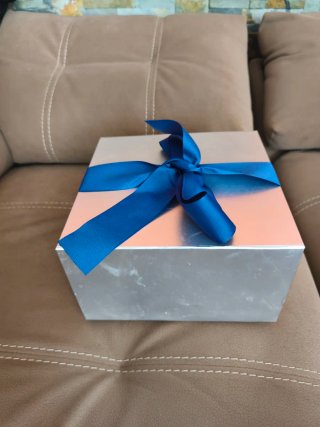 Caja de regalo plateada con lazo azul
