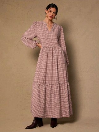 Vestido largo vichy granate con volantes