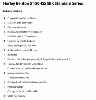 Harley Benton ST-20HSS SBK + funda y accesorios