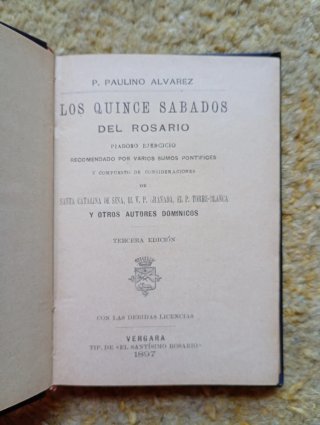Libro antiguo los quince sábados del rosario. Reli