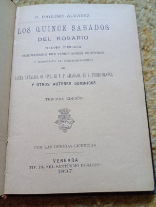 Libro antiguo los quince sábados del rosario. Reli