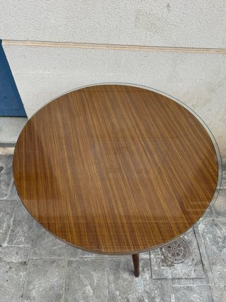 Mesa redonda madera y cristal años 70