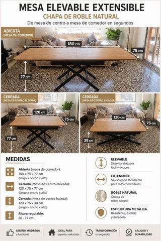 Mesa extensible elevable roble natural
