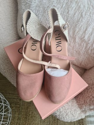 Zapatillas de ante esparto cuña color salmón