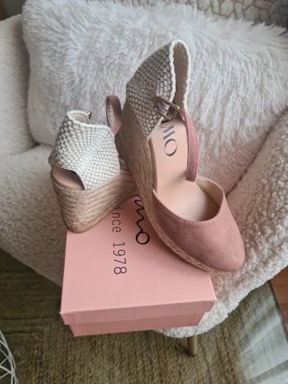 Zapatillas de ante esparto cuña color salmón