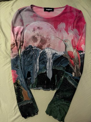 Camiseta Malla Estampada Luna y Colibrí