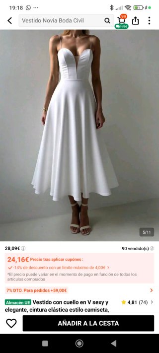 Vestido elegante blanco de satén con tirante fino