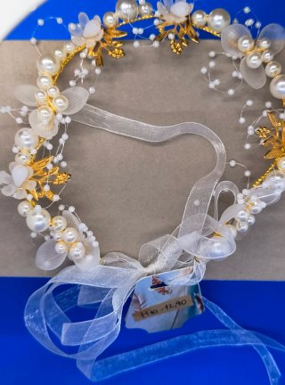 Diadema Novia/Comunión Perlas y Flores Doradas