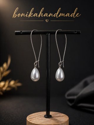 Pendientes largos perla blanca y plata