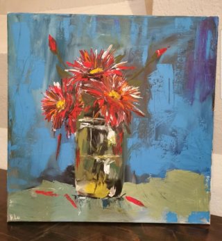 Dipinto a mano astratto vaso e fiori rossi